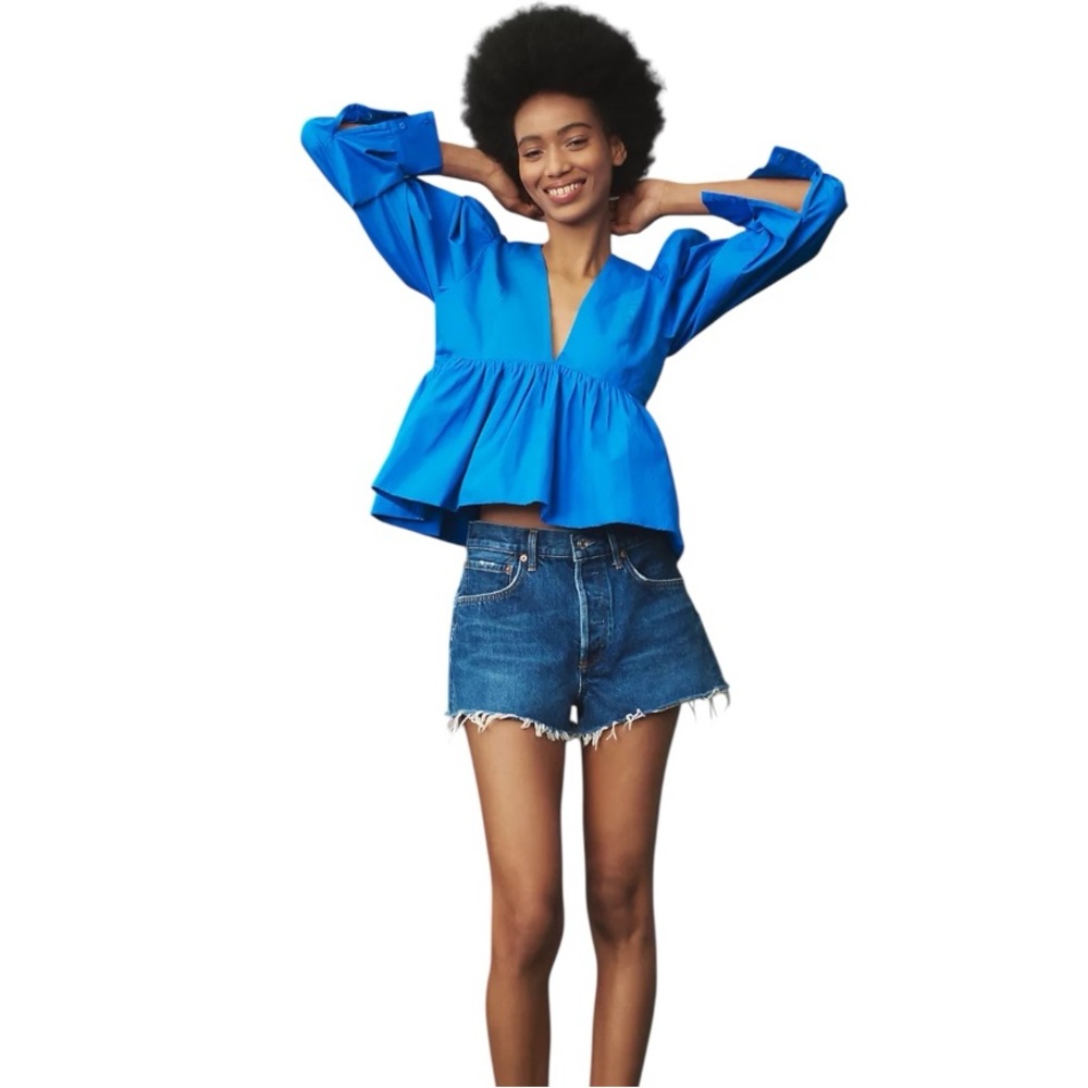 Anthropologie Let Me Be Puff-Sleeve V-Neck Blouse Small - Picture 2 of 6